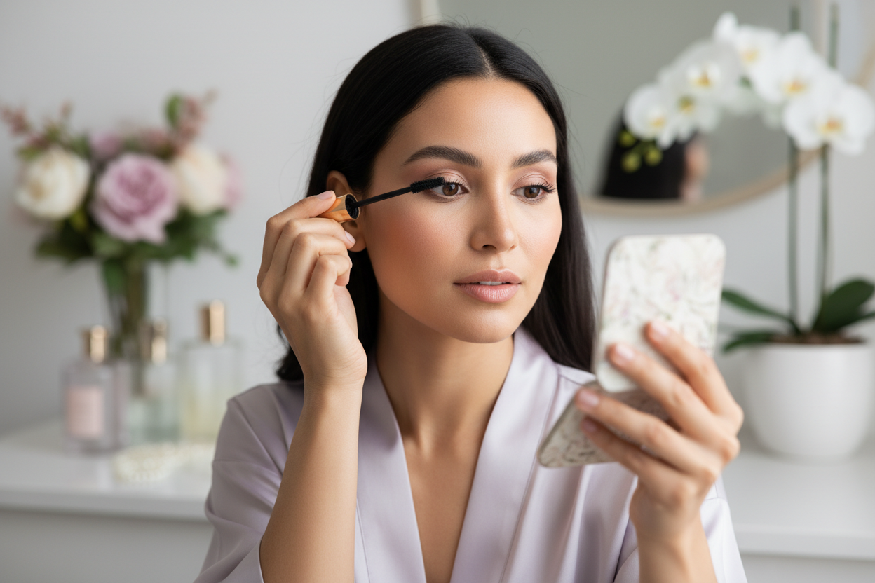 genera la imagen de una mujer latina aplicando rimel en sus pestañas, de 30 años, piel mixta, con Estilo elegante y femenino: Tonos morados, rosados, beige; luz suave; modelo fresca y delicada. para banner de página web, sección: Maquillaje, sin texto