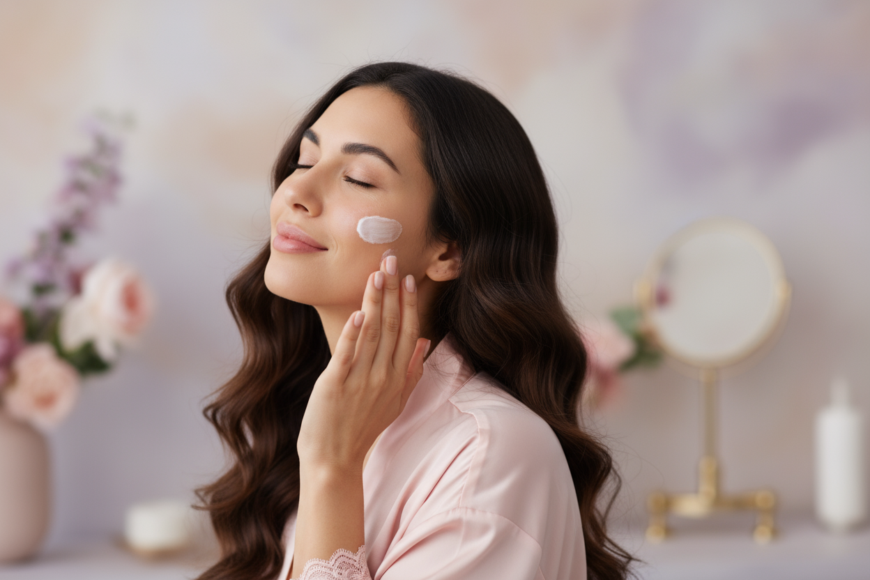 genera una imagen de una mujer latina de 30 años aplicando una crema en su rostro, con estilo Estilo elegante y femenino: con tonos morados, rosados, beige; luz suave. mujer fresca y delicada, para banner de página web, sección: CUIDADO FACIAL sin texto.